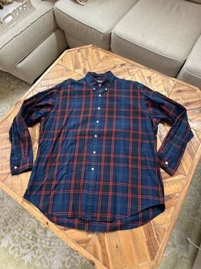 Ralph Lauren Navy Plaid Button-Down Shirt with Red & Green Lines